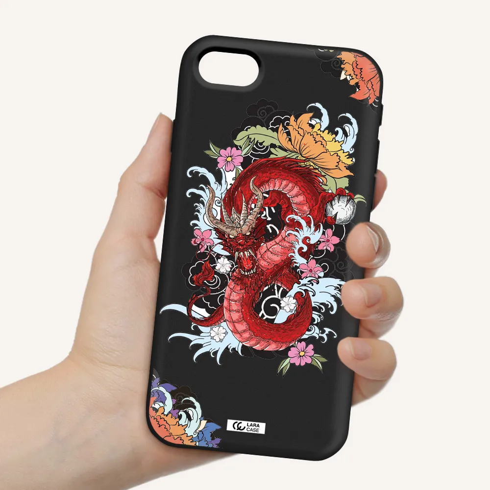 a red dragon with flowers and clouds Apple iPhone se 2020 Silicone black Case