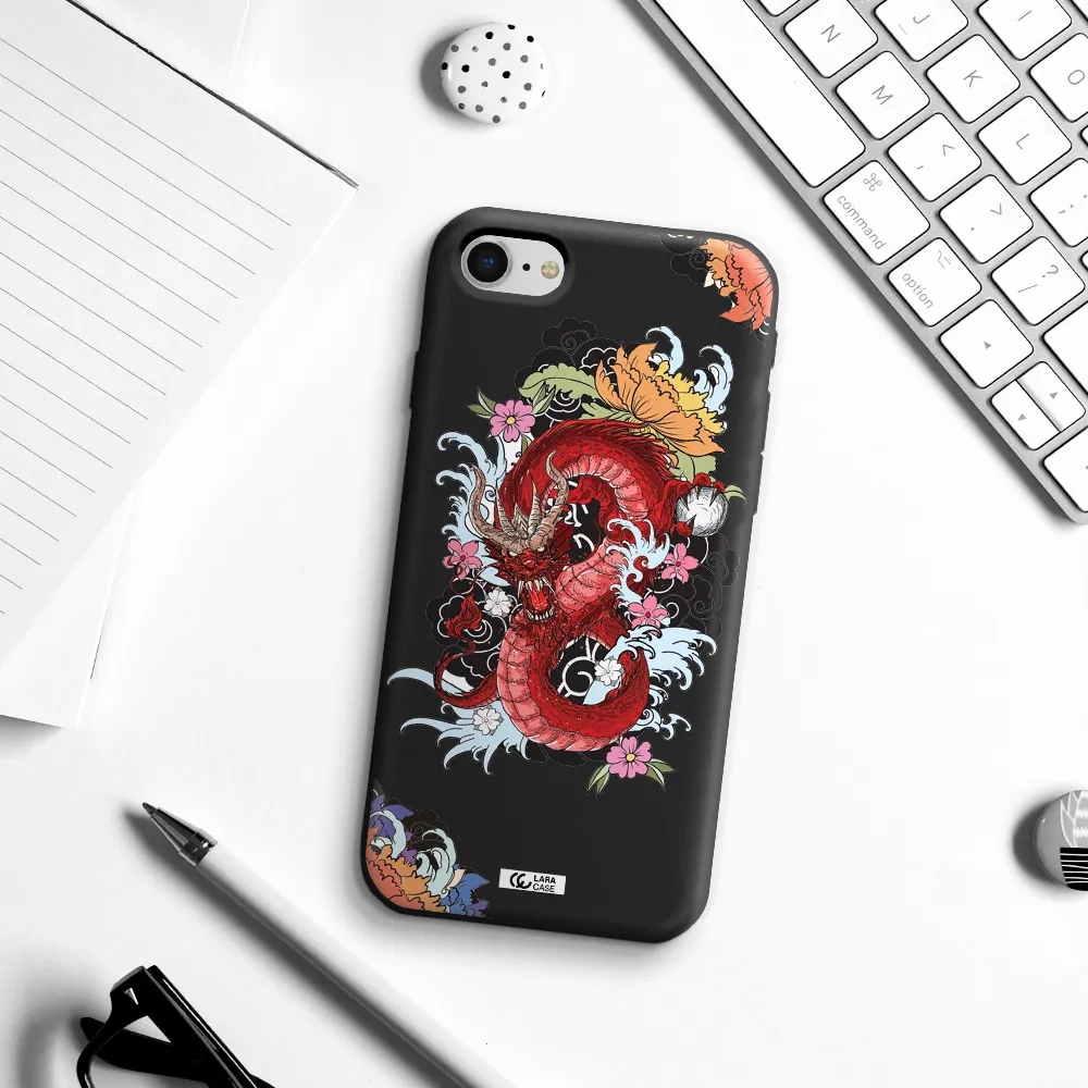 a red dragon with flowers and clouds Apple iPhone se 2020 Silicone black Case