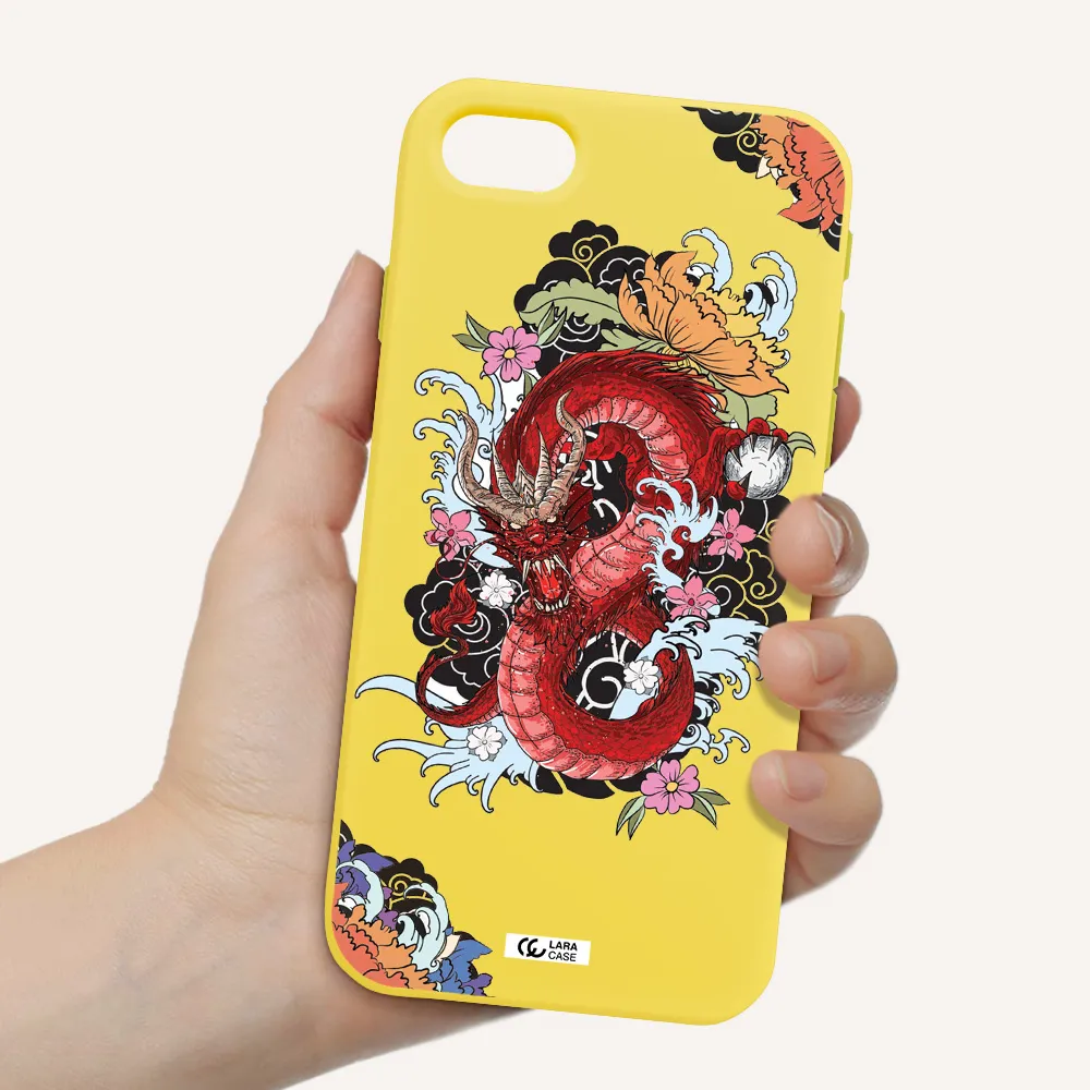 a red dragon with flowers and clouds Apple iPhone se 2020 Silicone canary yellow Case