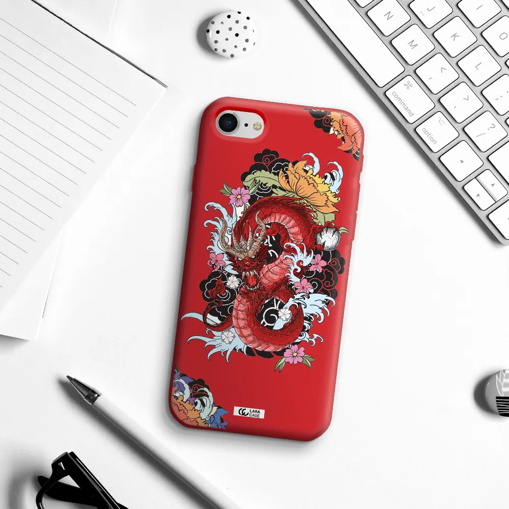 a red dragon with flowers and clouds Apple iPhone se 2020 Silicone Imperial Red Case