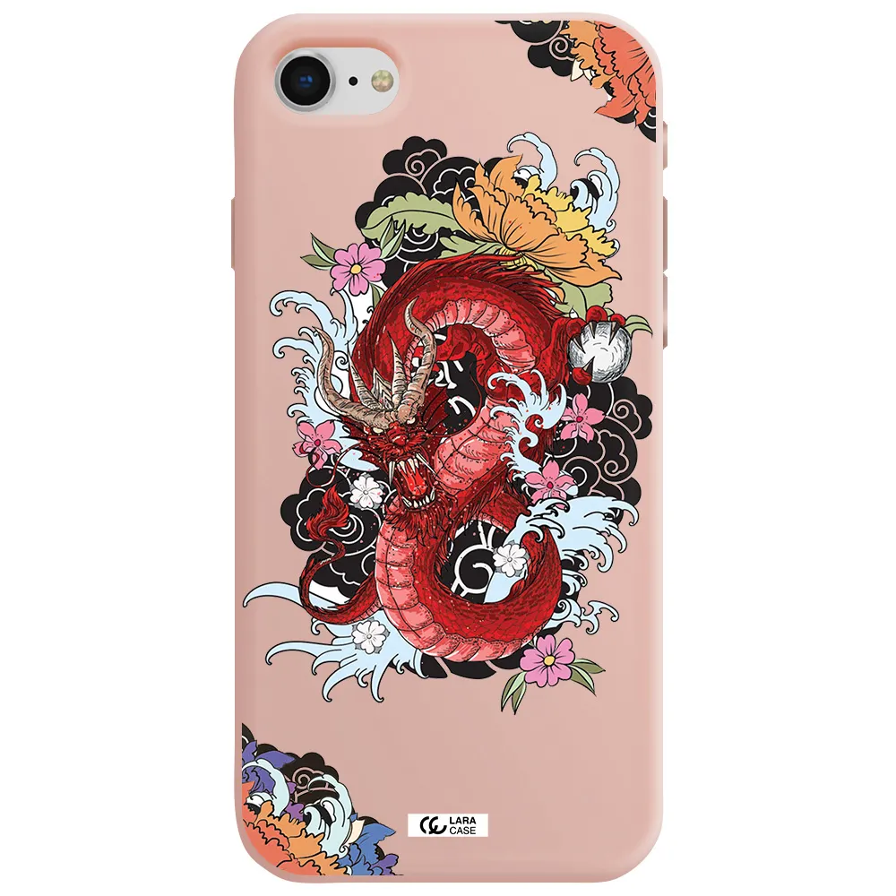 a red dragon with flowers and clouds Apple iPhone se 2020 Silicone pastel pink Case