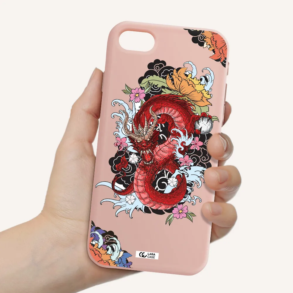 a red dragon with flowers and clouds Apple iPhone se 2020 Silicone pastel pink Case