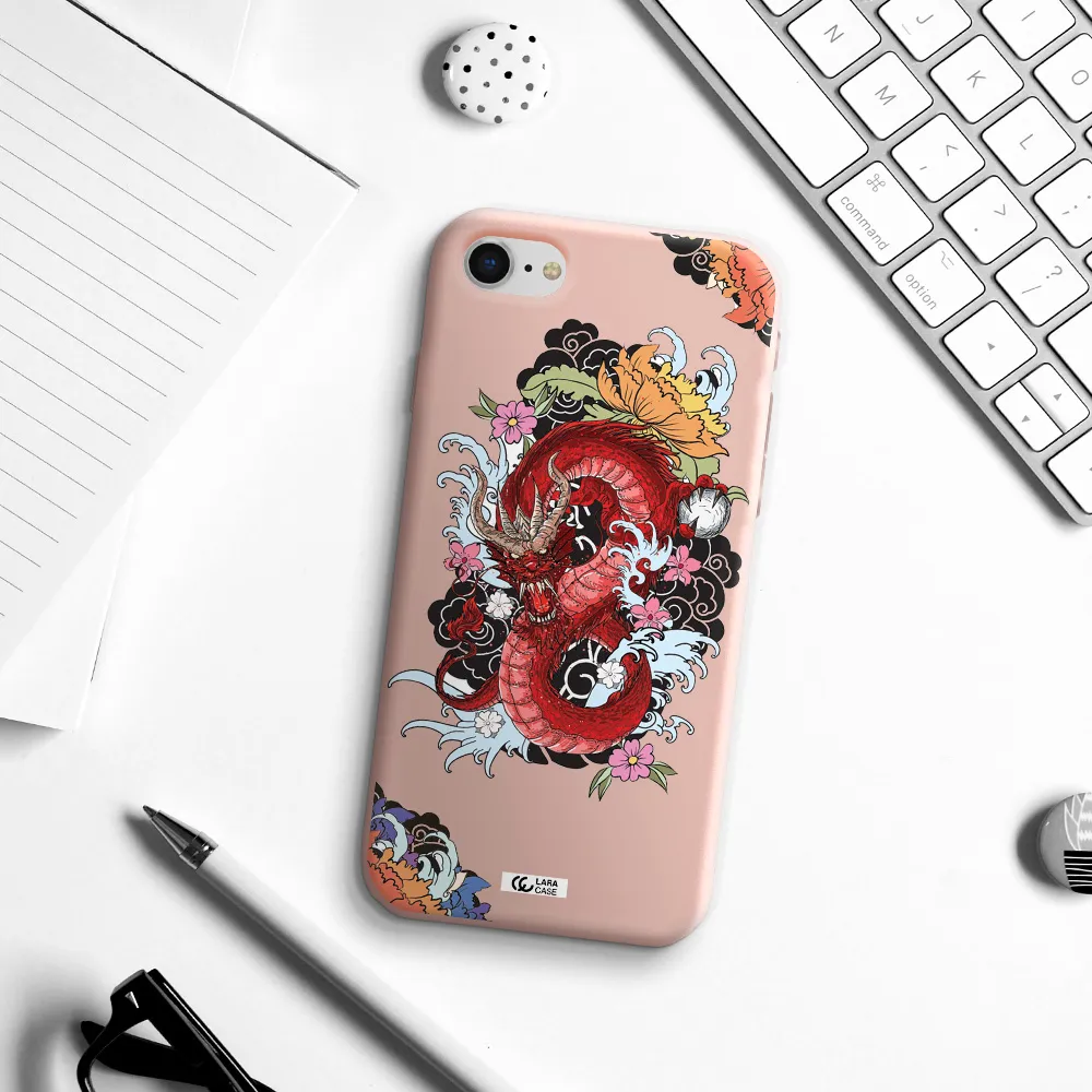 a red dragon with flowers and clouds Apple iPhone se 2020 Silicone pastel pink Case