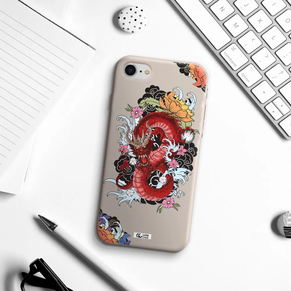 a red dragon with flowers and clouds Apple iPhone se 2020 Silicone Stone Case