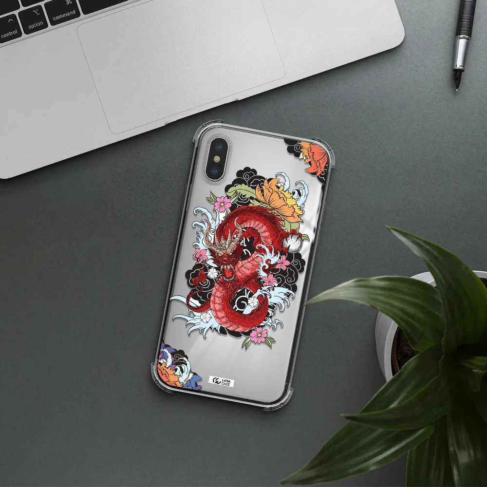 a red dragon with flowers and clouds Apple iPhone X Clear PC Case
