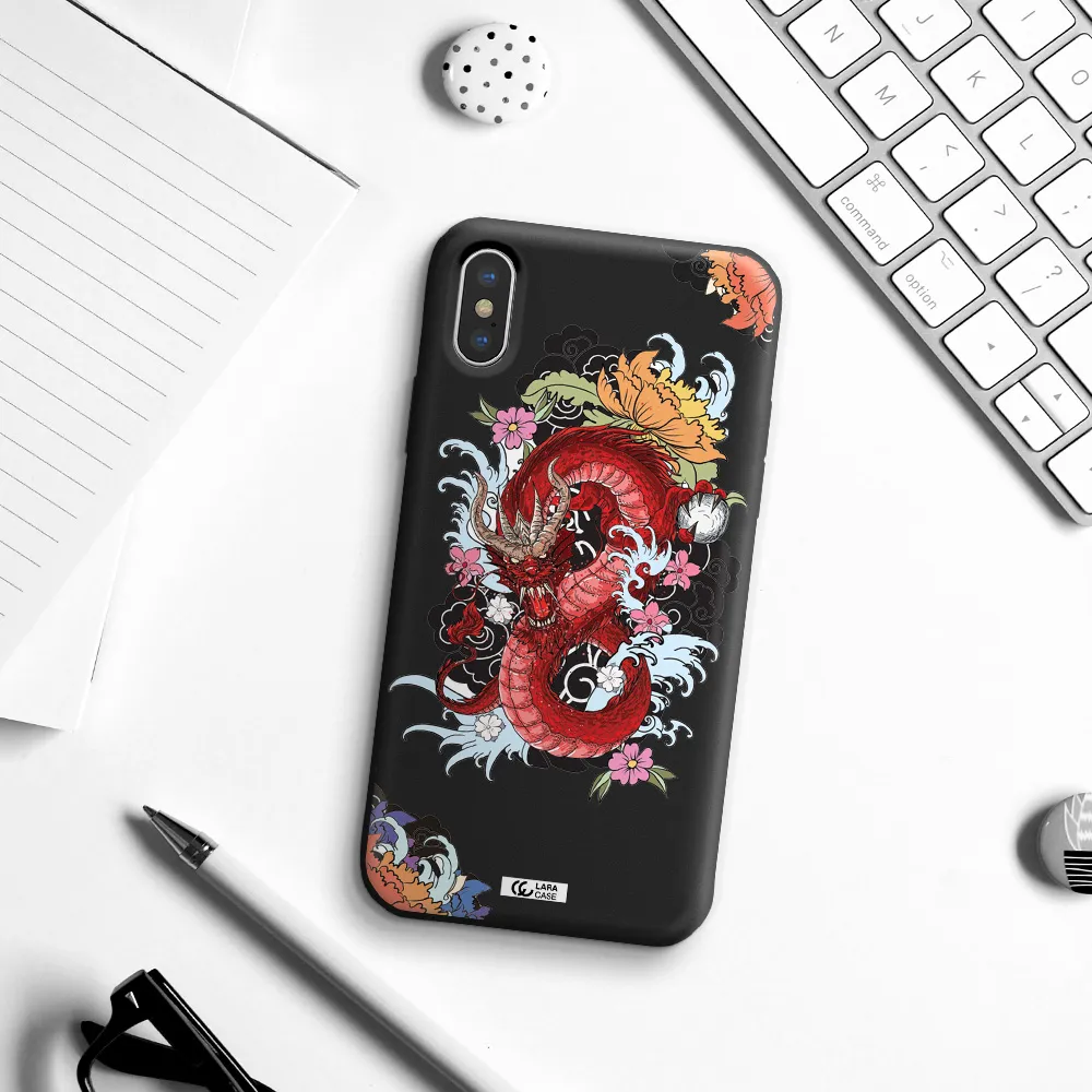 a red dragon with flowers and clouds Apple iPhone X Silicone black Case