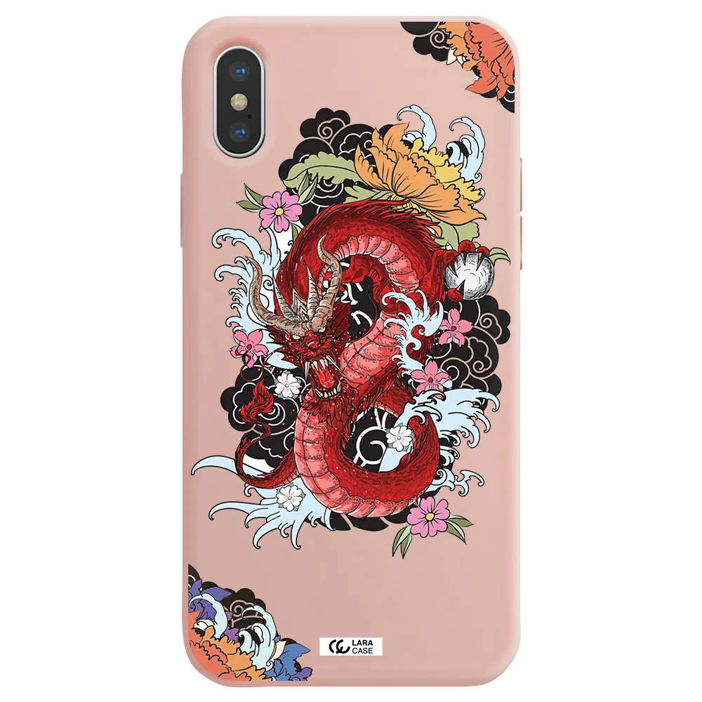 a red dragon with flowers and clouds Apple iPhone X Silicone pastel pink Case