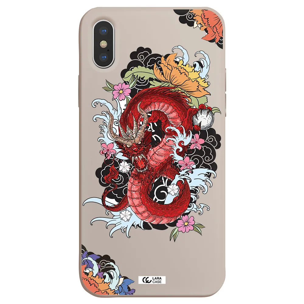 a red dragon with flowers and clouds Apple iPhone X Silicone Stone Case