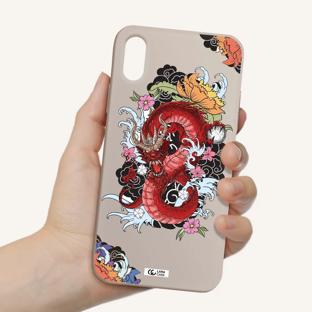 a red dragon with flowers and clouds Apple iPhone X Silicone Stone Case