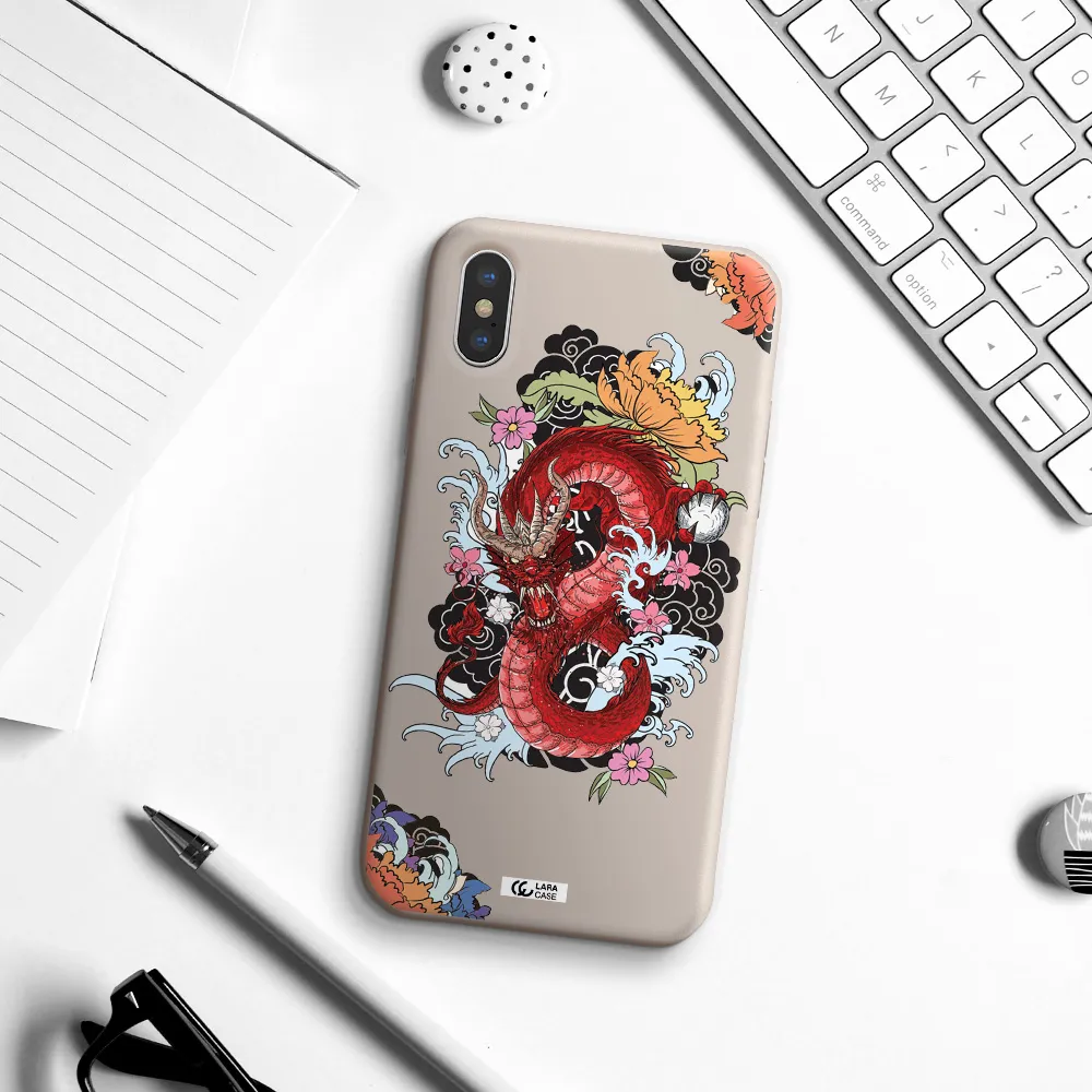 a red dragon with flowers and clouds Apple iPhone X Silicone Stone Case