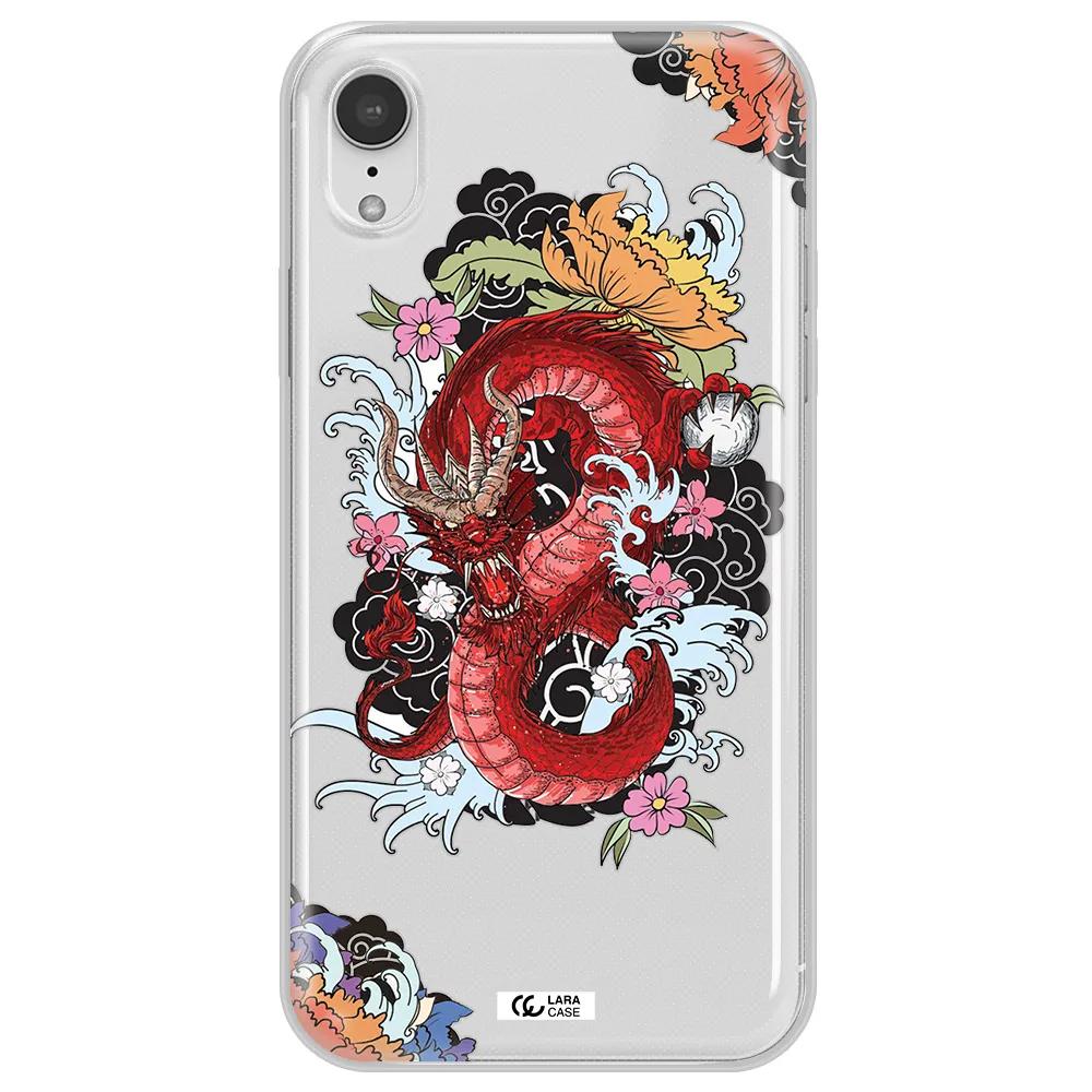 a red dragon with flowers and clouds Apple iPhone XR Clear TPU Case