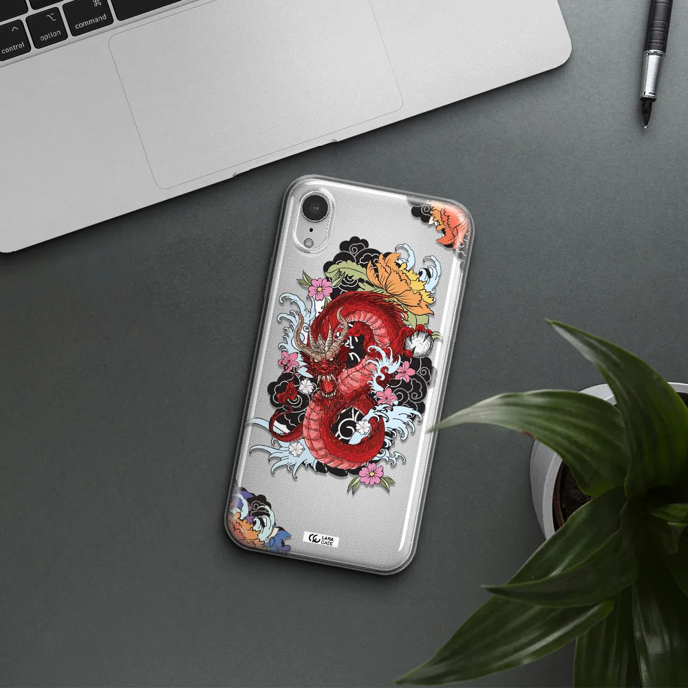 a red dragon with flowers and clouds Apple iPhone XR Clear TPU Case