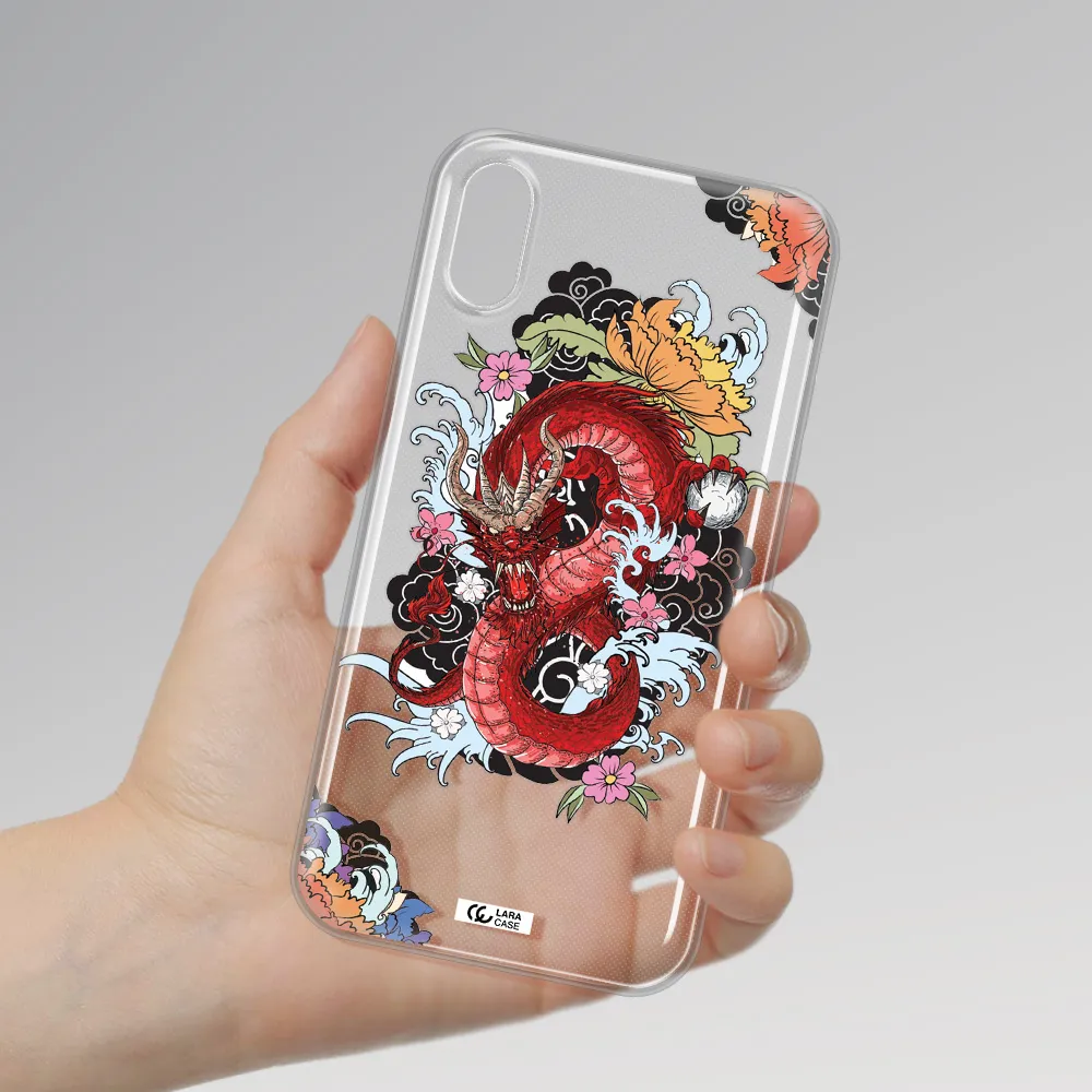a red dragon with flowers and clouds Apple iPhone XS Clear TPU Case