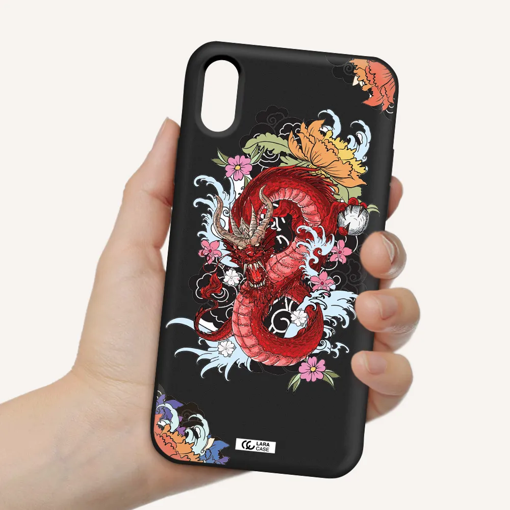 a red dragon with flowers and clouds Apple iPhone XS Silicone black Case