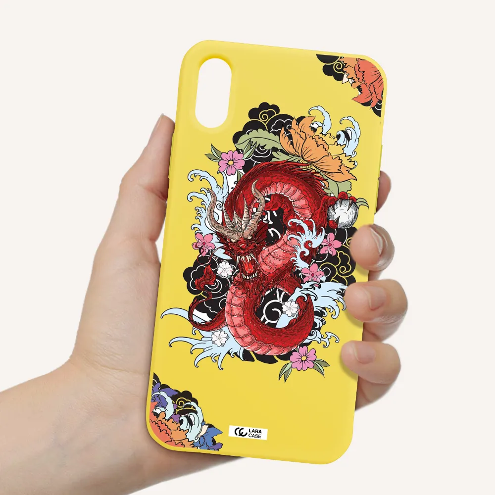 a red dragon with flowers and clouds Apple iPhone XS Silicone canary yellow Case