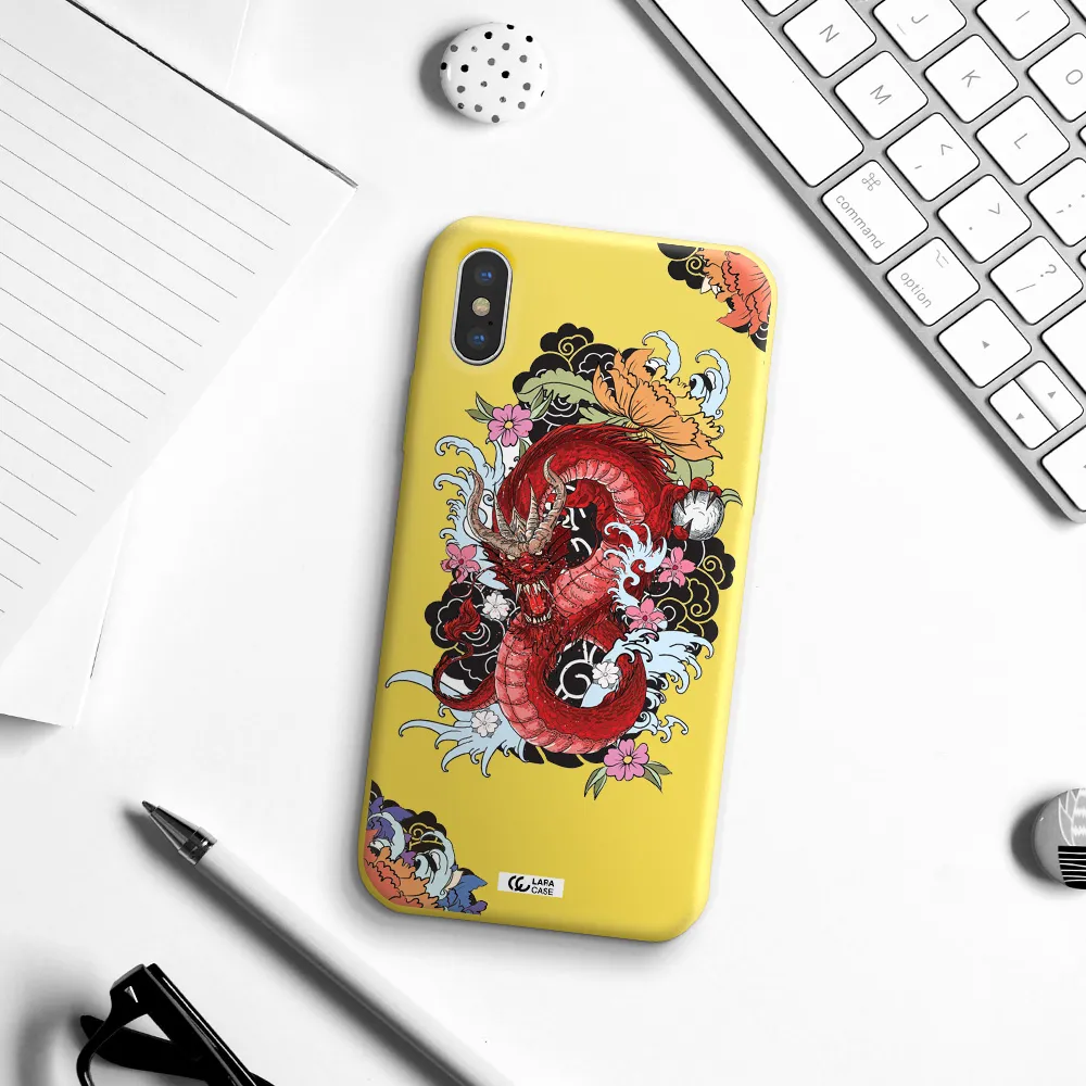 a red dragon with flowers and clouds Apple iPhone XS Silicone canary yellow Case