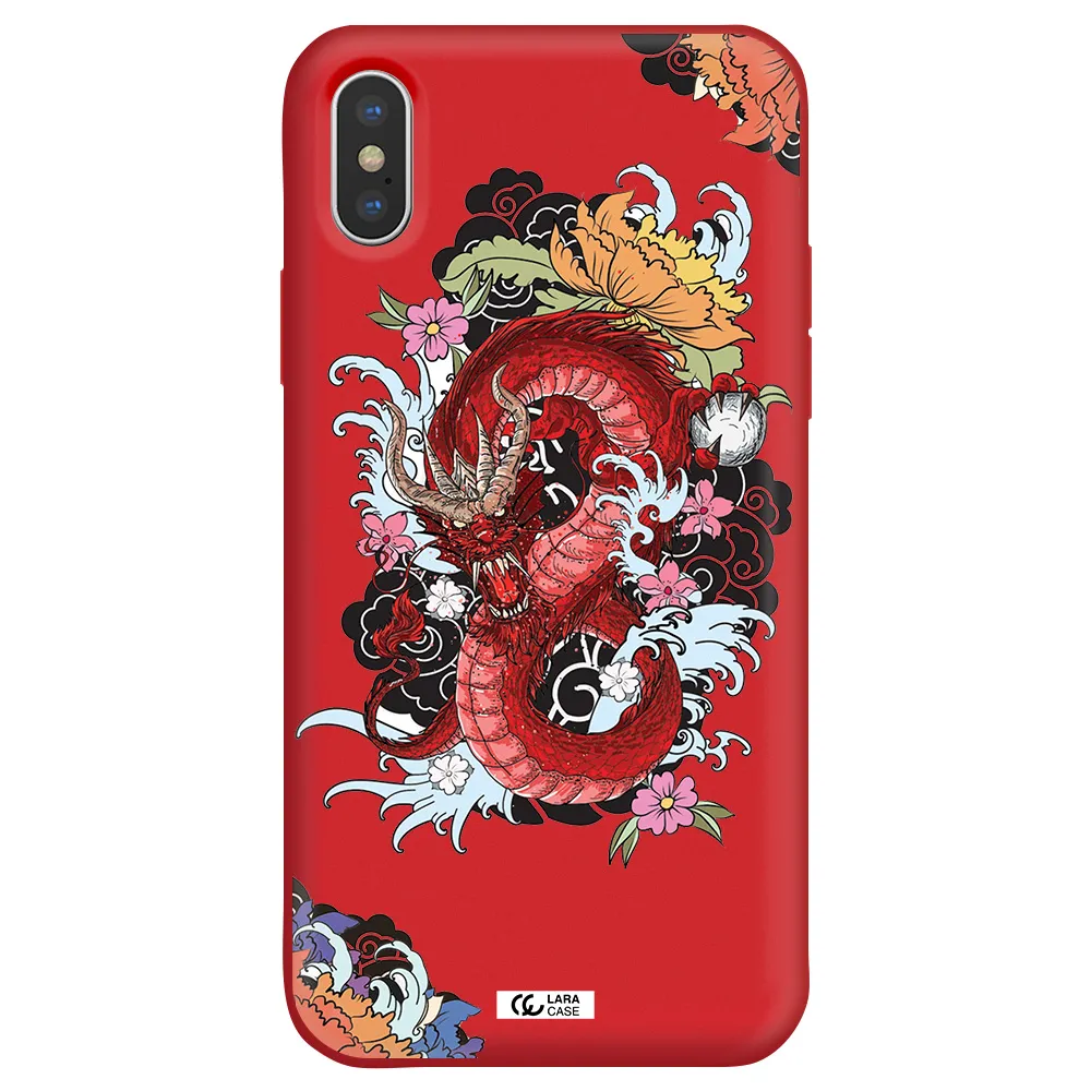 a red dragon with flowers and clouds Apple iPhone XS Silicone Imperial Red Case