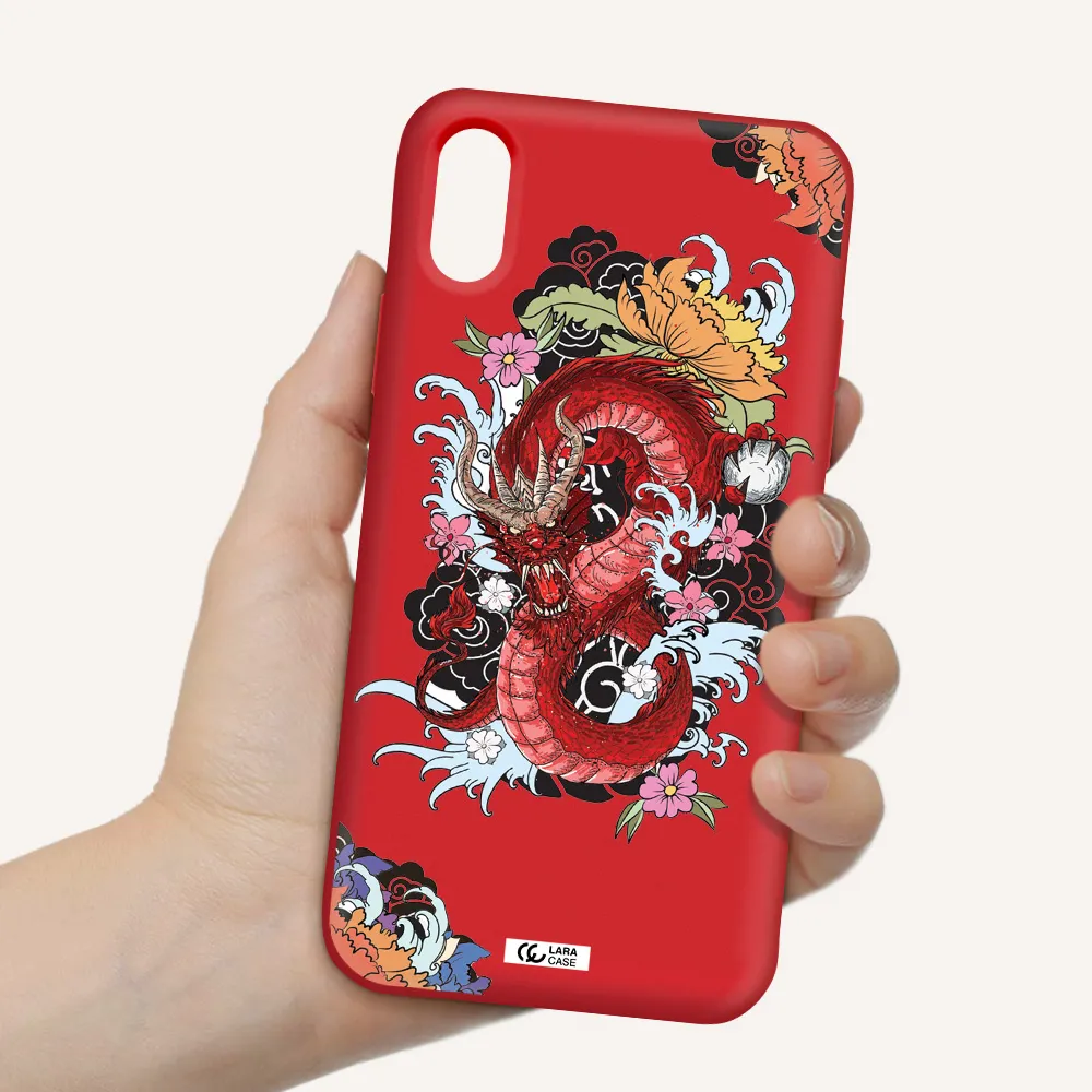 a red dragon with flowers and clouds Apple iPhone XS Silicone Imperial Red Case