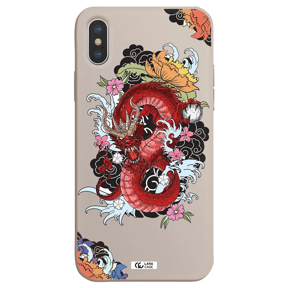 a red dragon with flowers and clouds Apple iPhone XS Silicone Stone Case