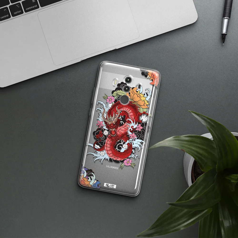 a red dragon with flowers and clouds Huawei Mate 10 Clear TPU Case