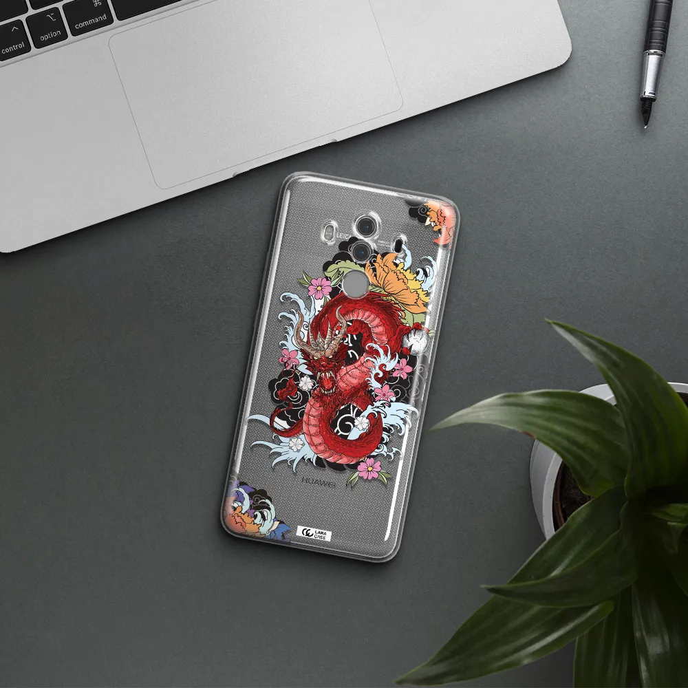 a red dragon with flowers and clouds Huawei Mate 10 Pro Clear TPU Case