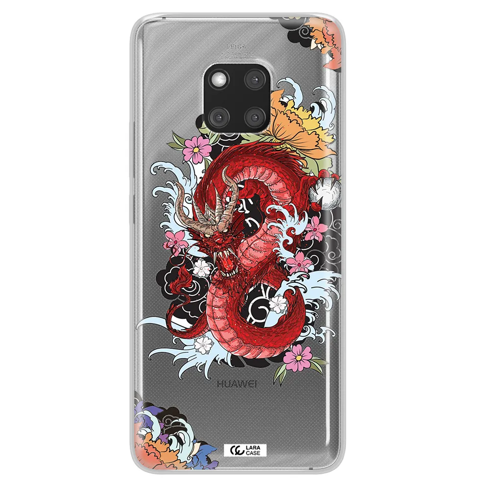 a red dragon with flowers and clouds Huawei Mate 20 Pro Clear TPU Case