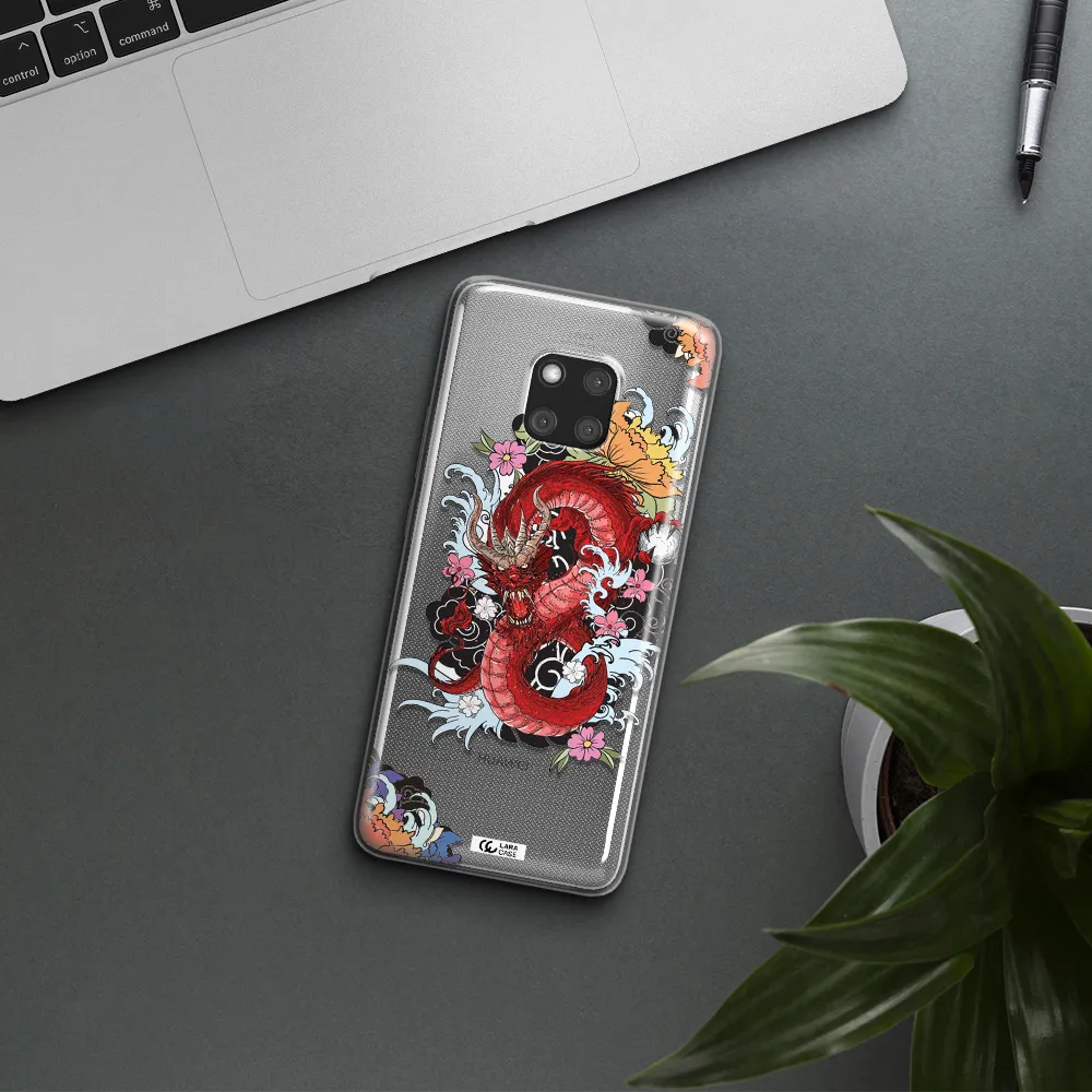 a red dragon with flowers and clouds Huawei Mate 20 Pro Clear TPU Case