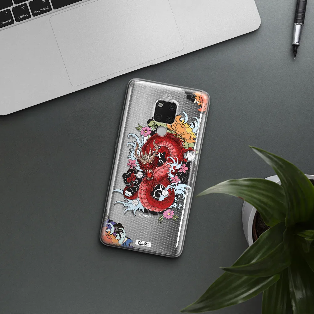 a red dragon with flowers and clouds Huawei Mate 20X Clear TPU Case