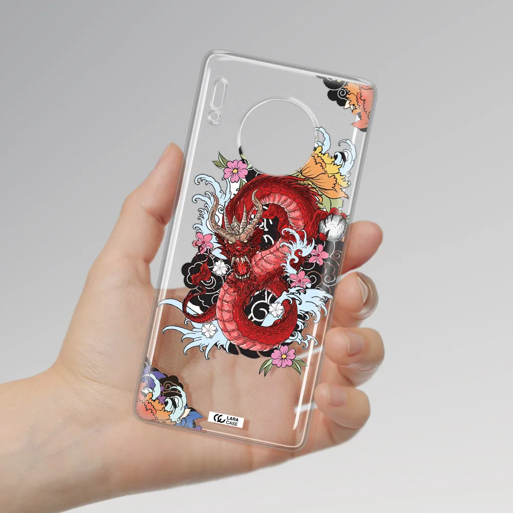 a red dragon with flowers and clouds Huawei Mate 30 Pro Clear TPU Case