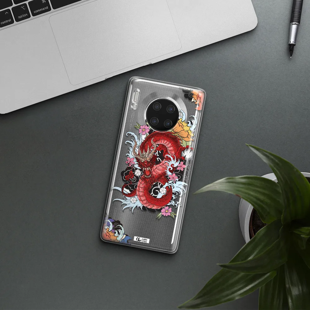 a red dragon with flowers and clouds Huawei Mate 30 Pro Clear TPU Case