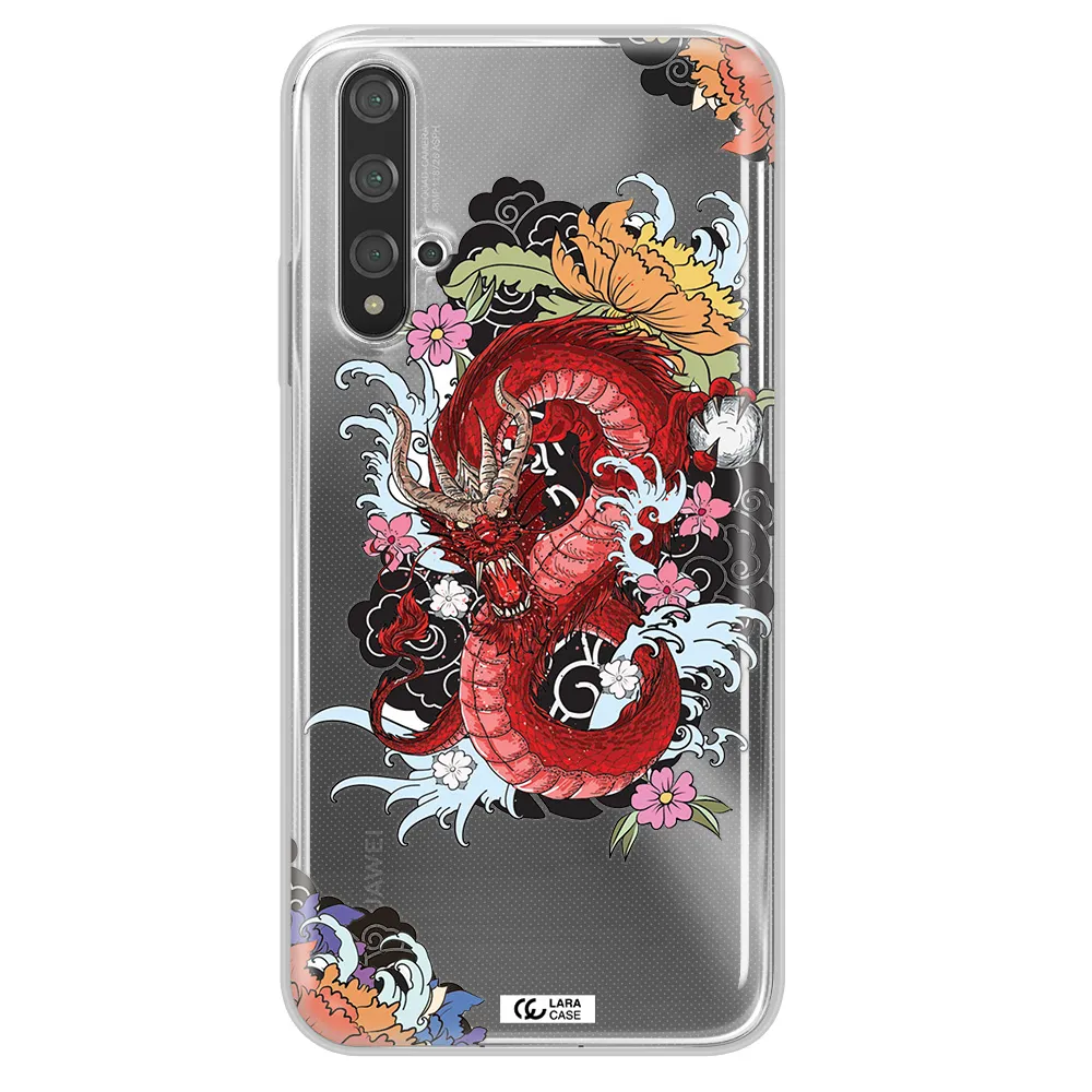 a red dragon with flowers and clouds Huawei Nova 5t Clear TPU Case