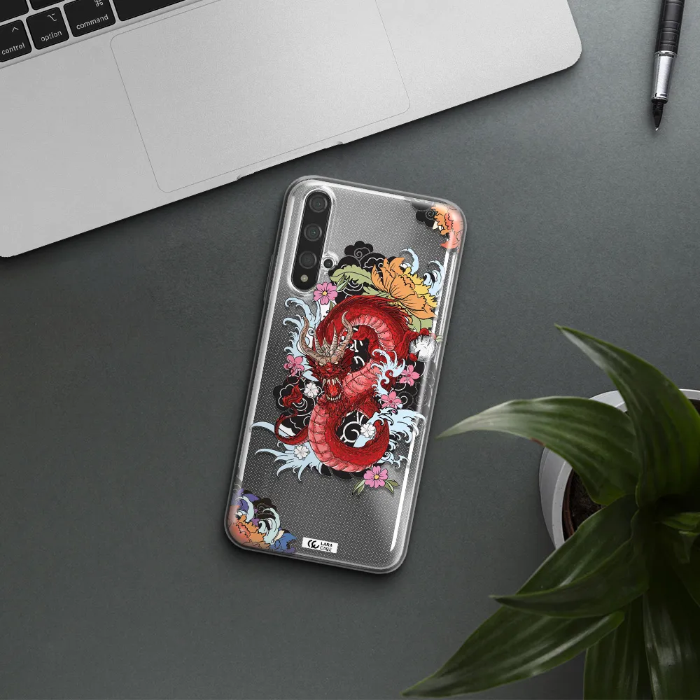 a red dragon with flowers and clouds Huawei Nova 5t Clear TPU Case