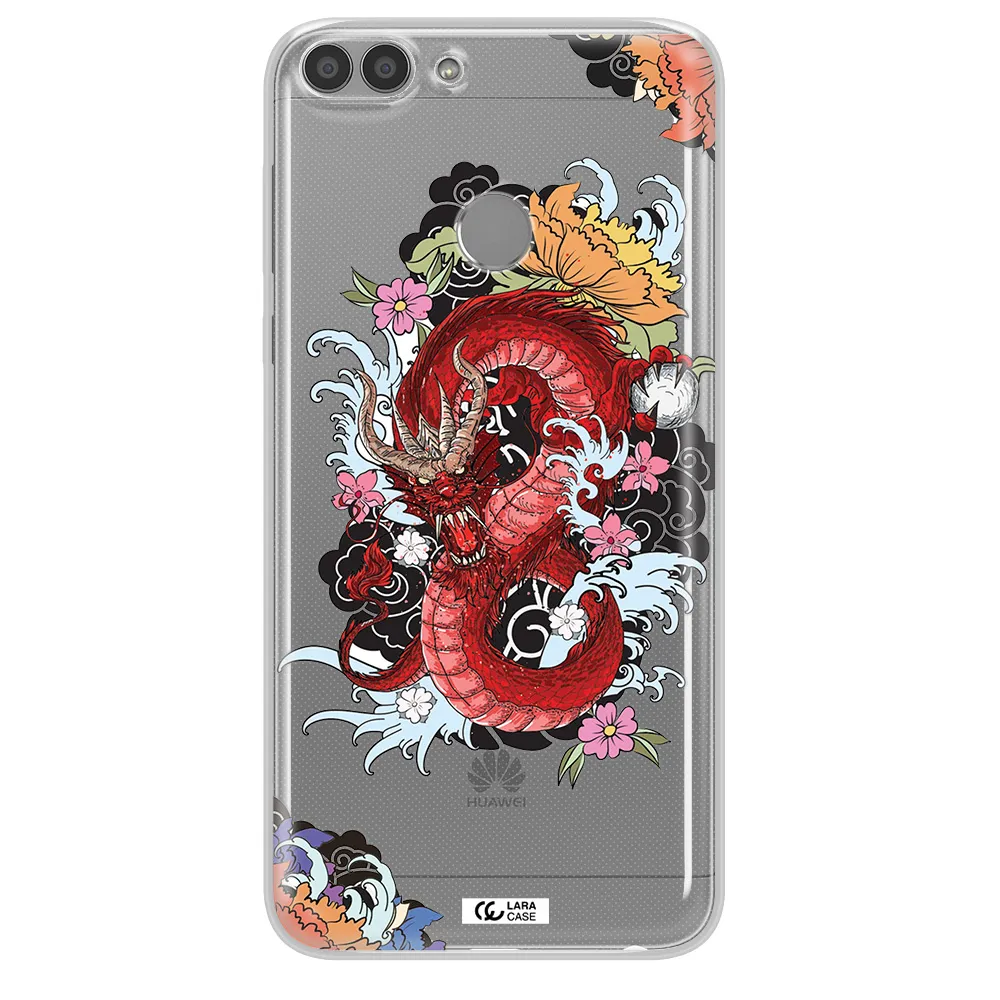 a red dragon with flowers and clouds Huawei P Smart 2017 Clear TPU Case
