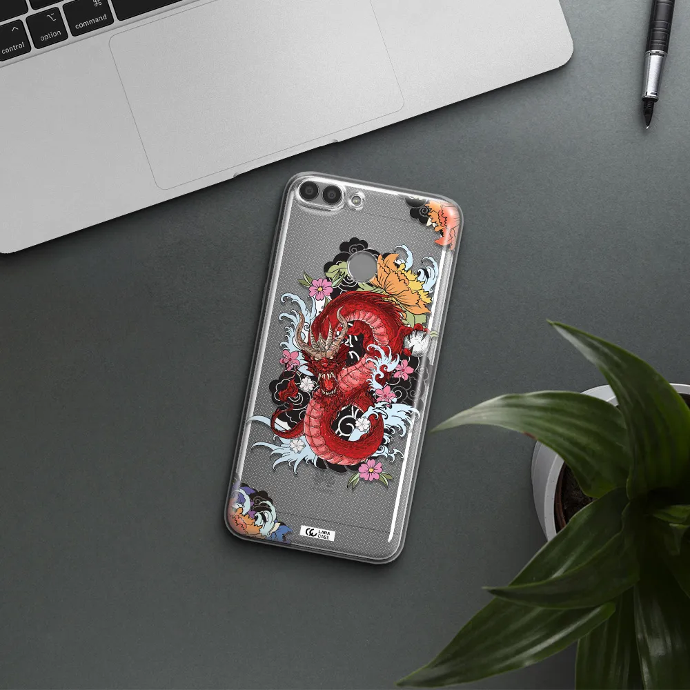a red dragon with flowers and clouds Huawei P Smart 2017 Clear TPU Case