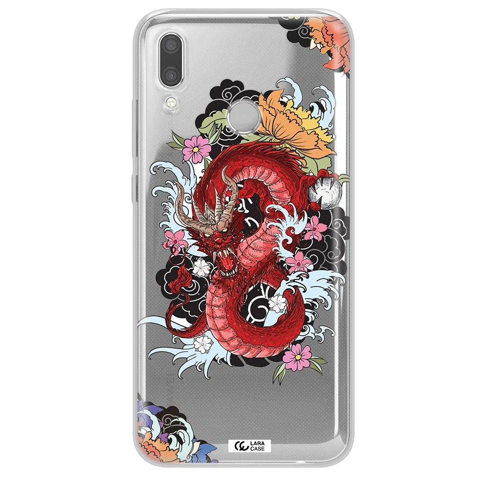 a red dragon with flowers and clouds Huawei P Smart 2019 Clear TPU Case