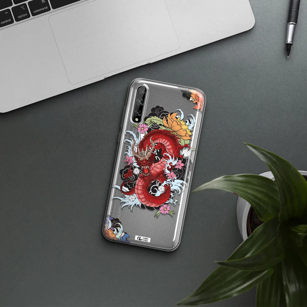 a red dragon with flowers and clouds Huawei P Smart S Clear TPU Case