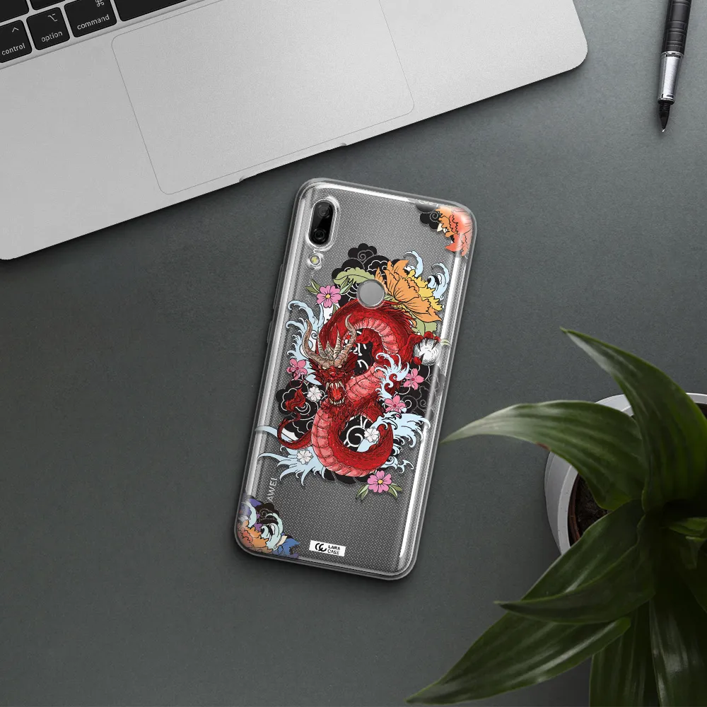 a red dragon with flowers and clouds Huawei P Smart Z Clear TPU Case