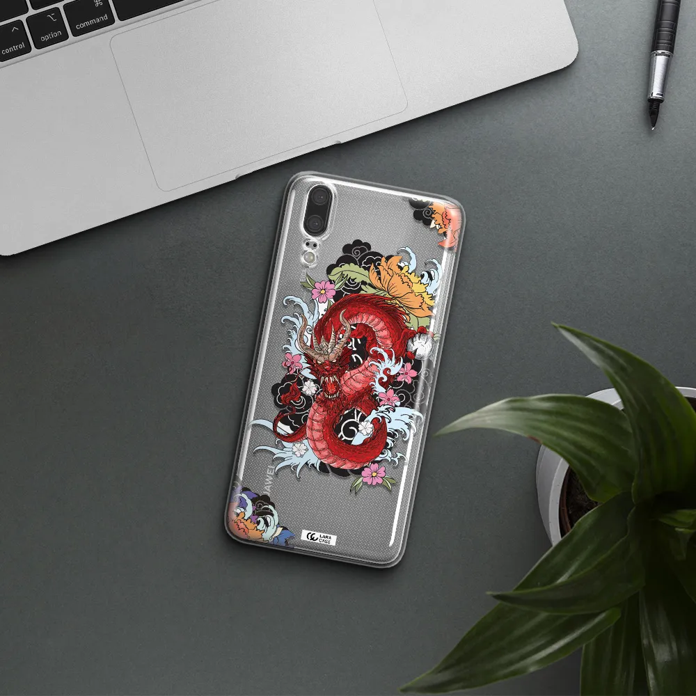 a red dragon with flowers and clouds Huawei P20 Clear TPU Case