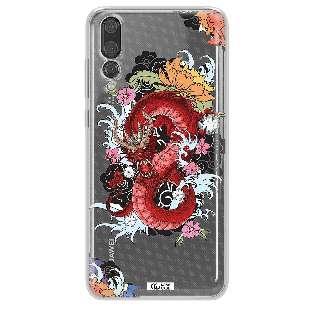 a red dragon with flowers and clouds Huawei P20 Pro Clear TPU Case