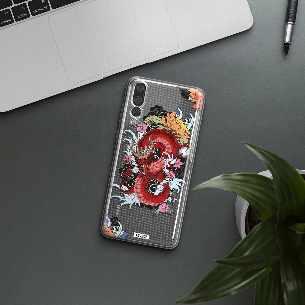 a red dragon with flowers and clouds Huawei P20 Pro Clear TPU Case