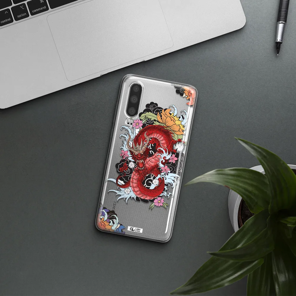 a red dragon with flowers and clouds Huawei P30 Clear TPU Case