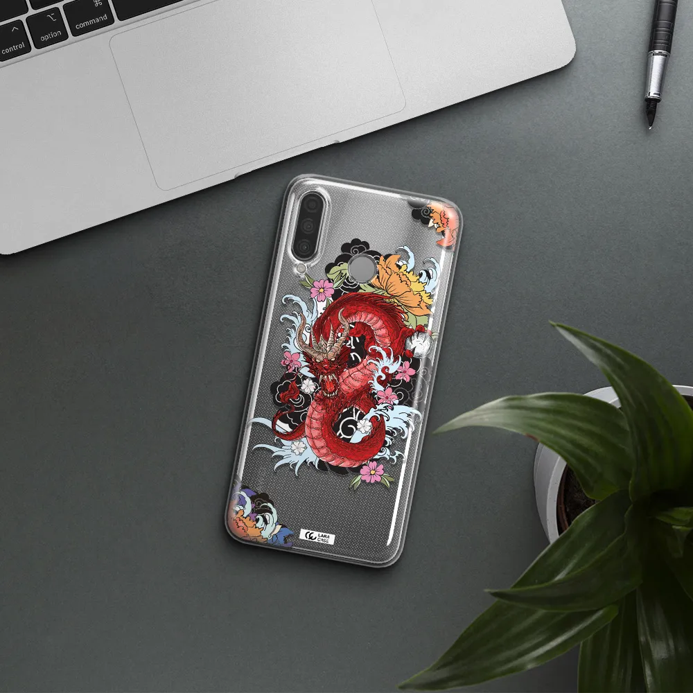 a red dragon with flowers and clouds Huawei P30 Lite Clear TPU Case
