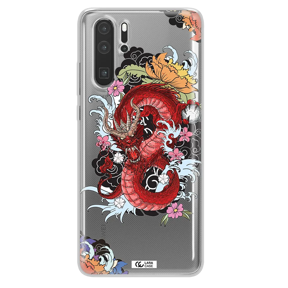 a red dragon with flowers and clouds Huawei P30 Pro Clear TPU Case
