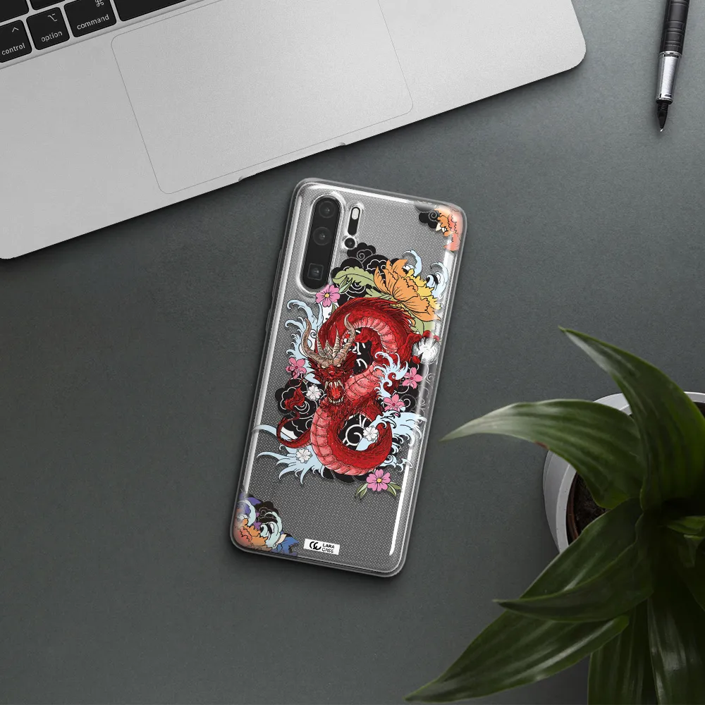 a red dragon with flowers and clouds Huawei P30 Pro Clear TPU Case