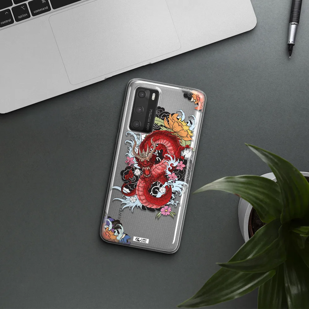 a red dragon with flowers and clouds Huawei P40 Clear TPU Case