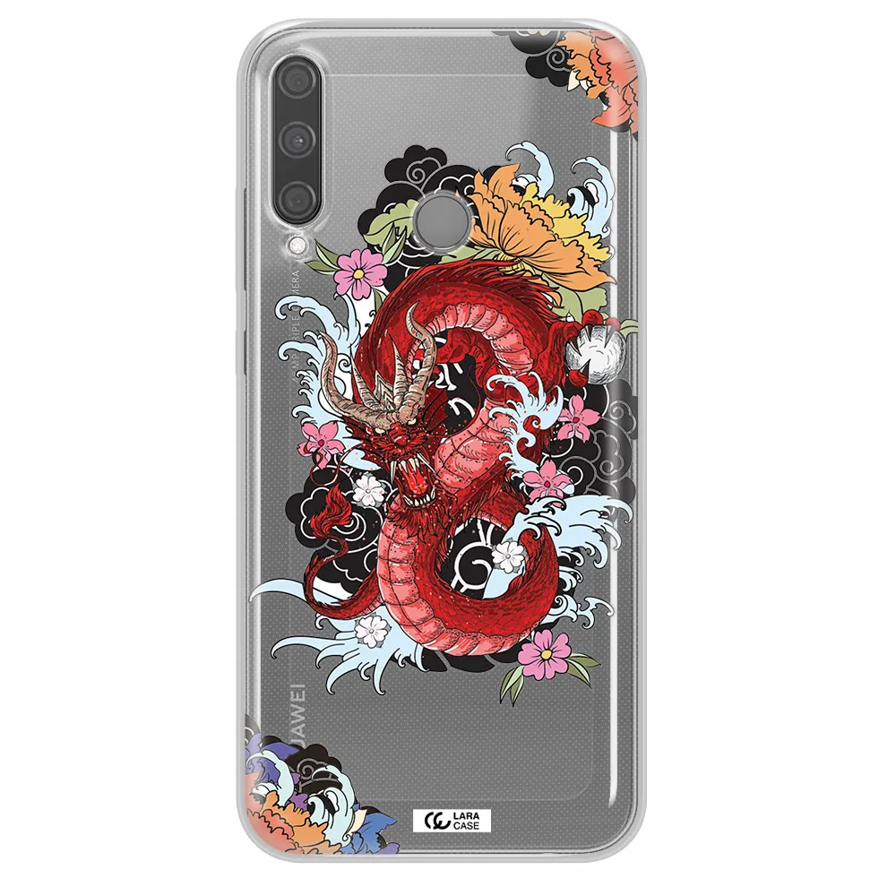 a red dragon with flowers and clouds Huawei P40 Lite E Clear TPU Case