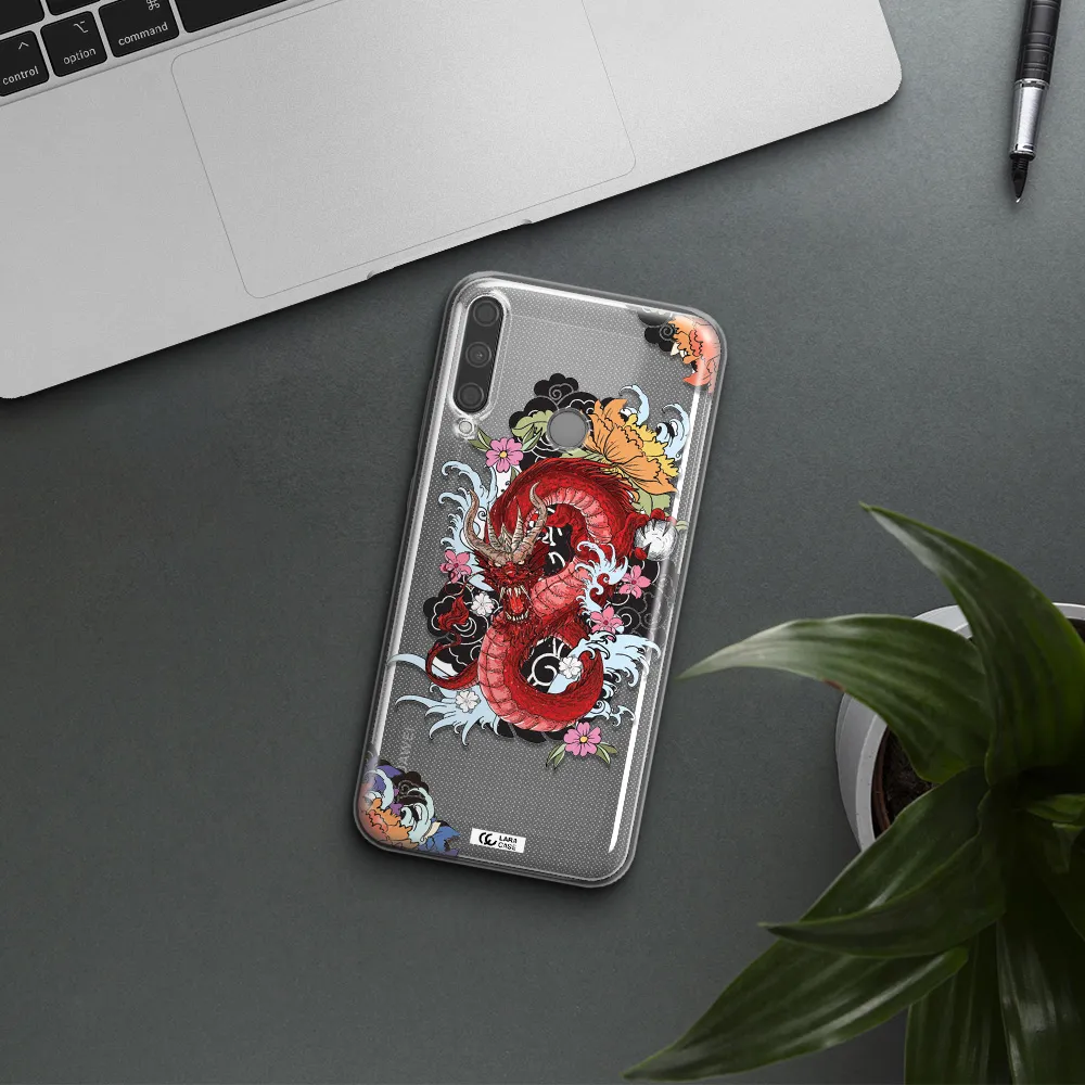 a red dragon with flowers and clouds Huawei P40 Lite E Clear TPU Case