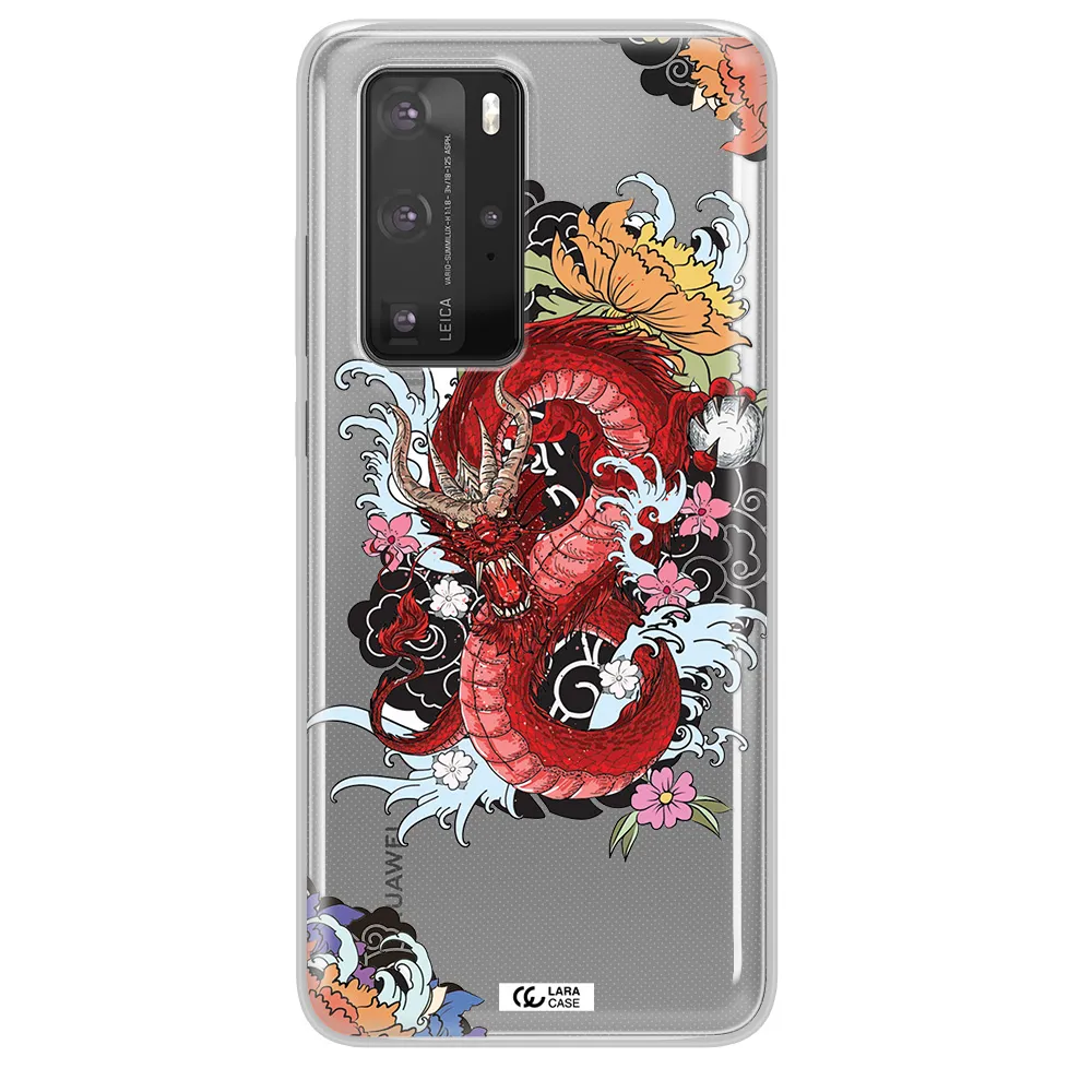 a red dragon with flowers and clouds Huawei P40 Pro Clear TPU Case