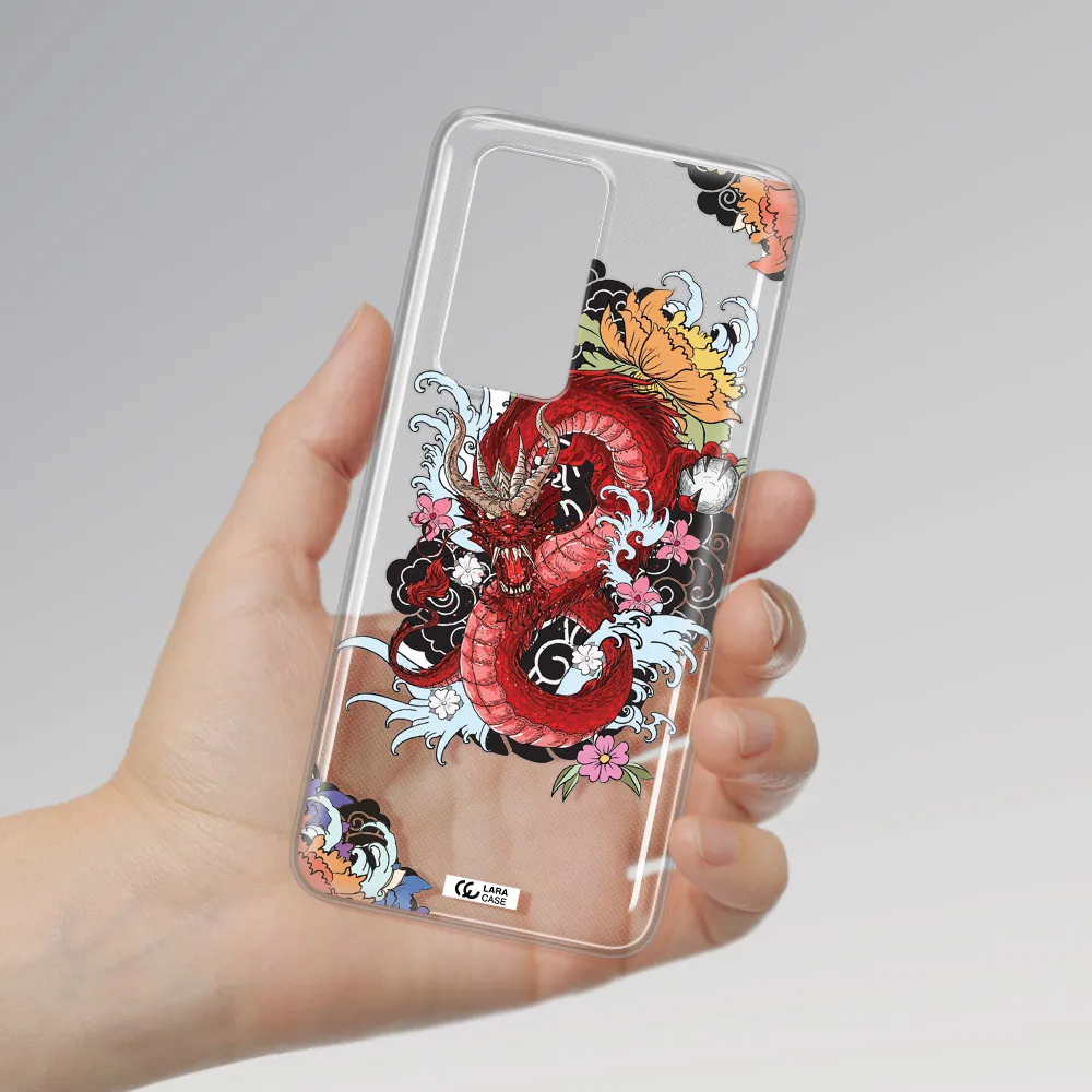 a red dragon with flowers and clouds Huawei P40 Pro Clear TPU Case