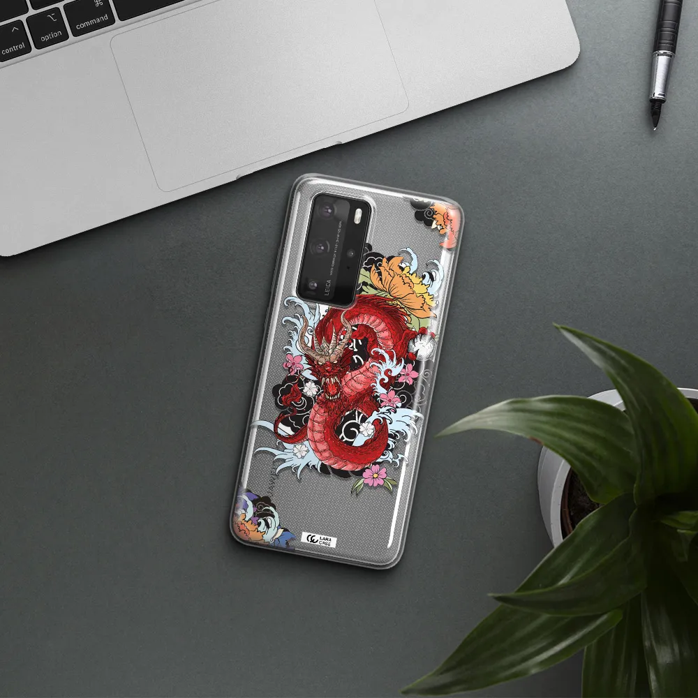 a red dragon with flowers and clouds Huawei P40 Pro Clear TPU Case